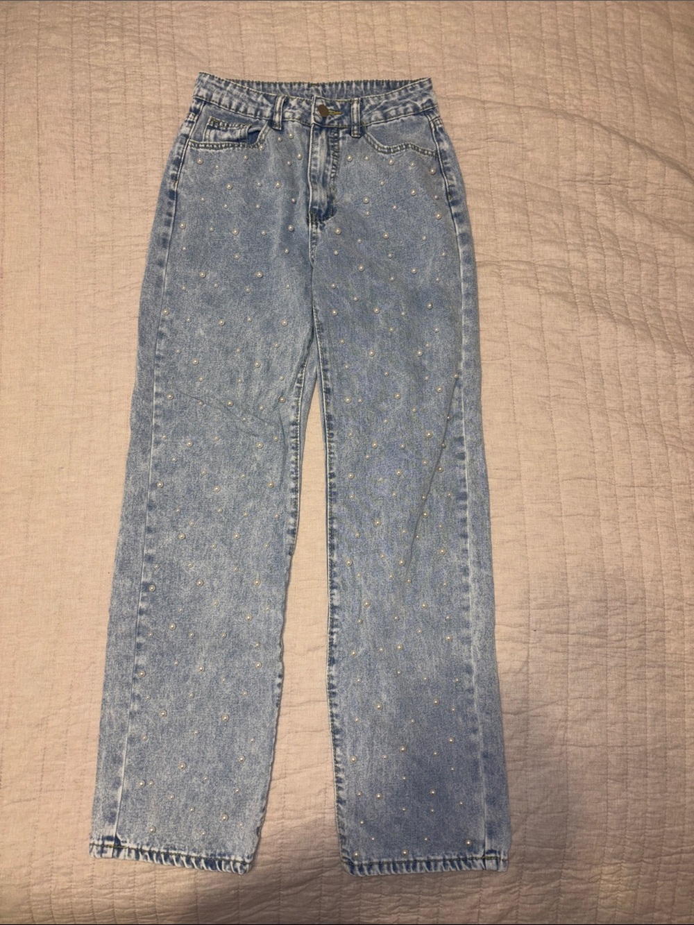 SHEIN Light Blue Straight Leg Jeans with Pearl Dots